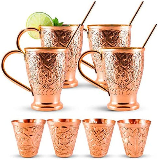 Moscow Mule Pure Copper Mugs - Embossed Set with 4 Matching Shot Glasses - Copper Straws for Cocktails & Recipe E-Book Exclusive Set of 4