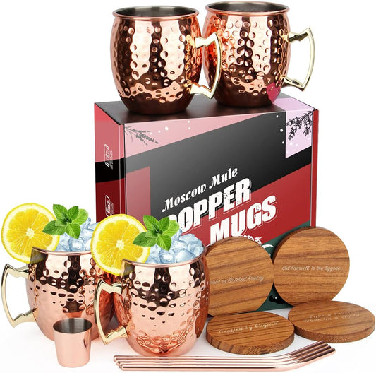 Moscow Mule Cocktail Copper Mugs 4 Copper Mugs Handmade Moscow Mule Cocktail, 16Oz Gift Set