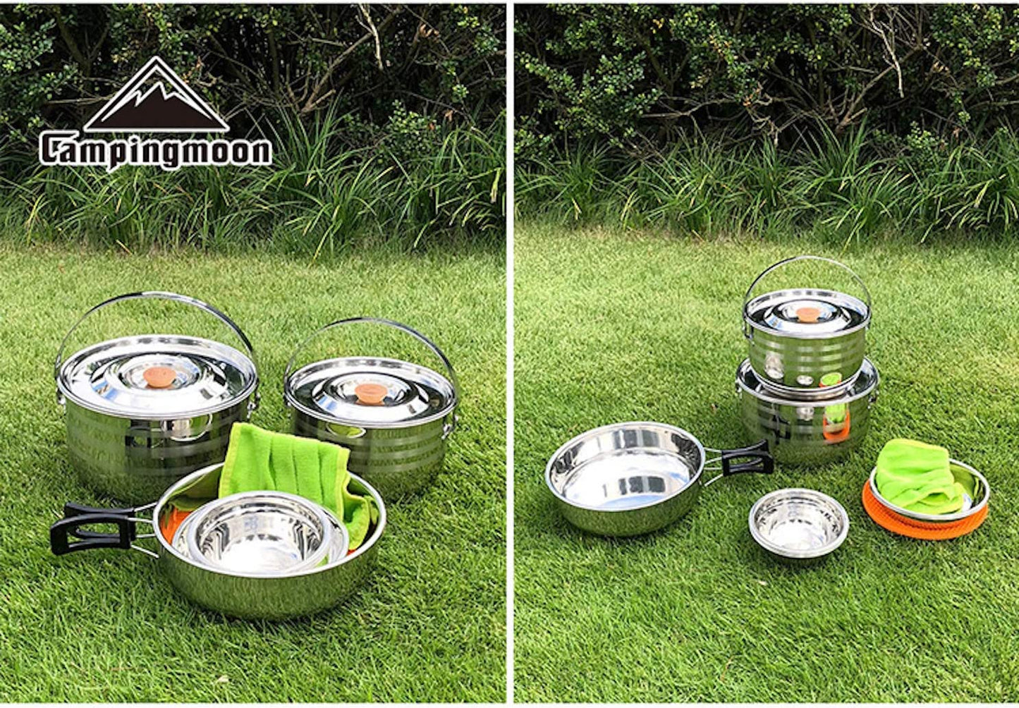 CAMPINGMOON Stainless Steel Outdoor Camping Nesting Mess Kit Cookware Set Pots Pans with Storage Carrying Bag