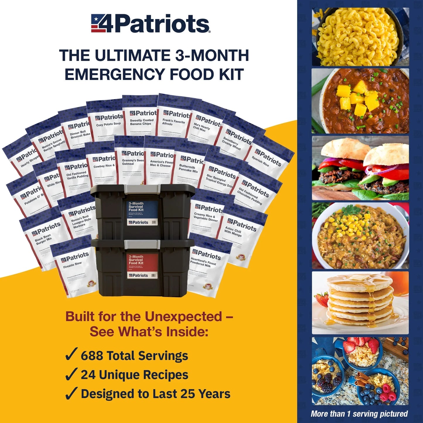 : 3-Month Survival Food Kit - Emergency Food Supply - Freeze Dried Food - Designed to Last 25 Years - 688 Servings - 135,840 Total Calories - Disaster-Resistant Packaging