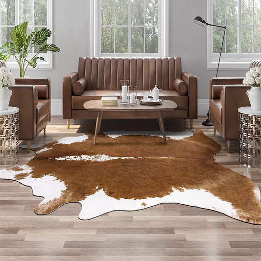 Premium Faux Cowhide Rug 4.6 X 5.2 Feet, Sturdy and Large Size Cow Print Rugs, Suitable for Bedroom Living Room Western Decor, Faux Fur Animal Cow Hide Carpet, Brown