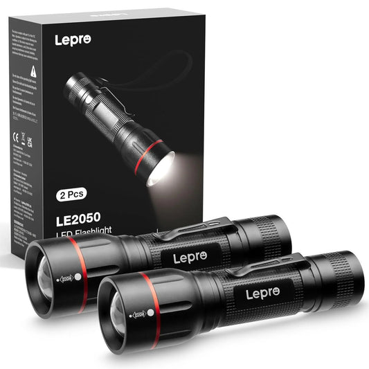 2-Packs LED Flashlights with Clip , LE2050 High Lumen, 5 Lighting Modes, Zoomable Waterproof Lightweight Flashlights for Emergencies,Camping, Powered by AAA Battery