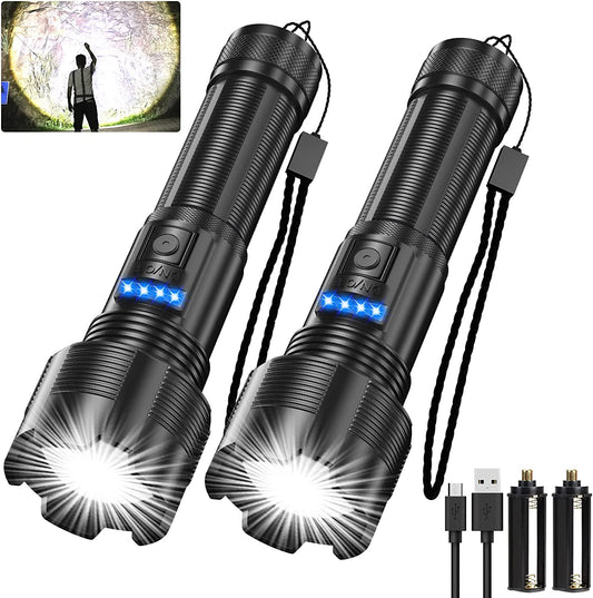 Flashlights Rechargeable Tactical, 10000 Lumens Super Bright LED Rechargeable Flashlight High Lumens with Power Display, Zoomable, IPX6 Waterproof, 5 Modes for Camping