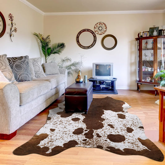 Faux Cowhide Rug 4.6X5.2 Feet Cow Print Rugs for Bedroom Living Room, Western Home Decor Cow Hide Animal Rug, Cow Print Western Rugs, Faux Fur Fabric Rug Animal Print Carpet