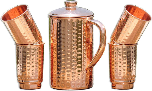 - Pure Copper Hammered Pitcher with 4 Copper Tumblers | Hammere...